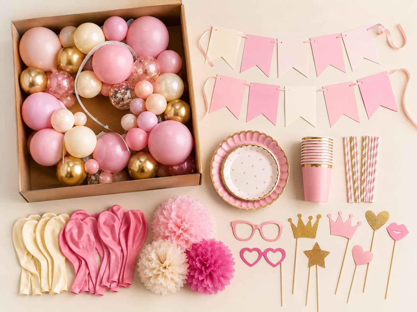The contents of a party bundle laid out flat