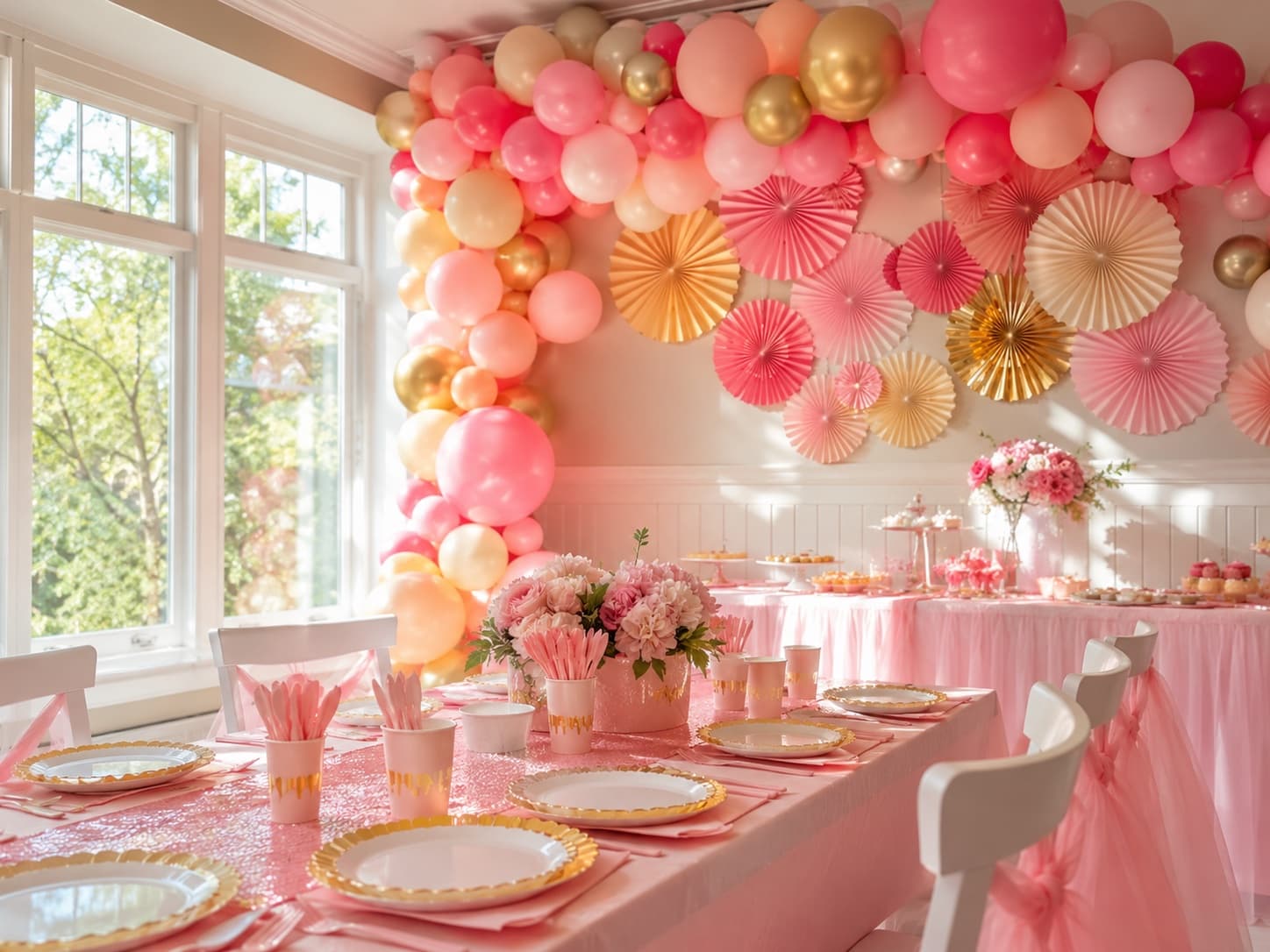 A children's birthday room decorated with a balloon garland and paper fans