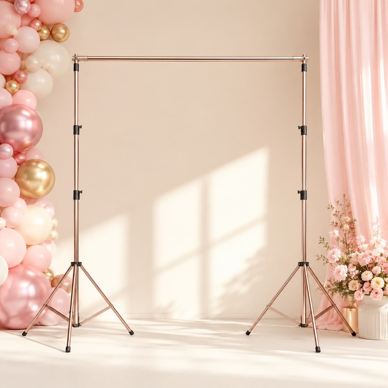 Backdrop Stand Adjustable — A freestanding, height- and width-adjustable stand so a backdrop lands anywhere — no wall holes.