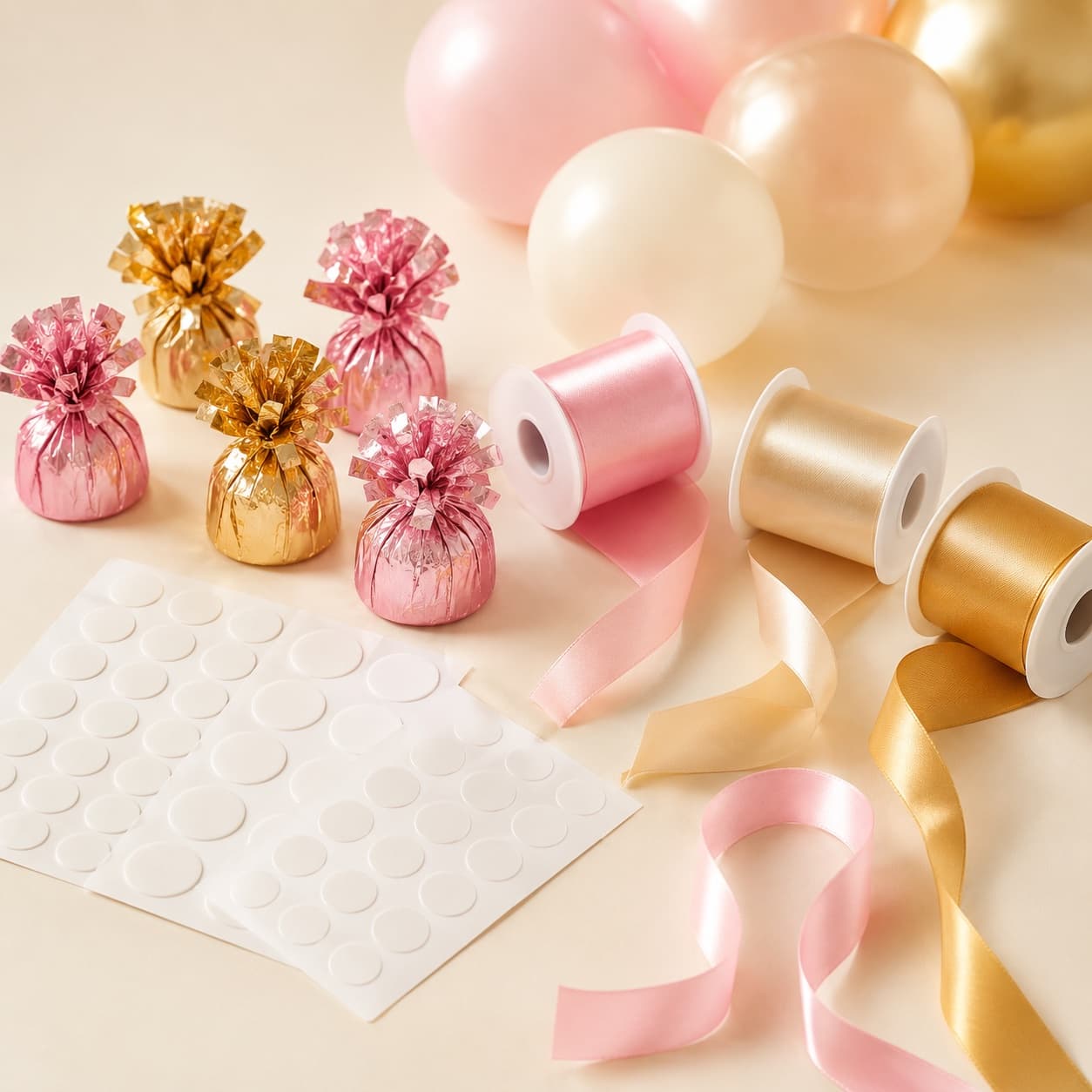 Balloon Weights & Ribbon Kit — Weights, ribbon and glue dots to anchor columns and hold a garland's shape in place.