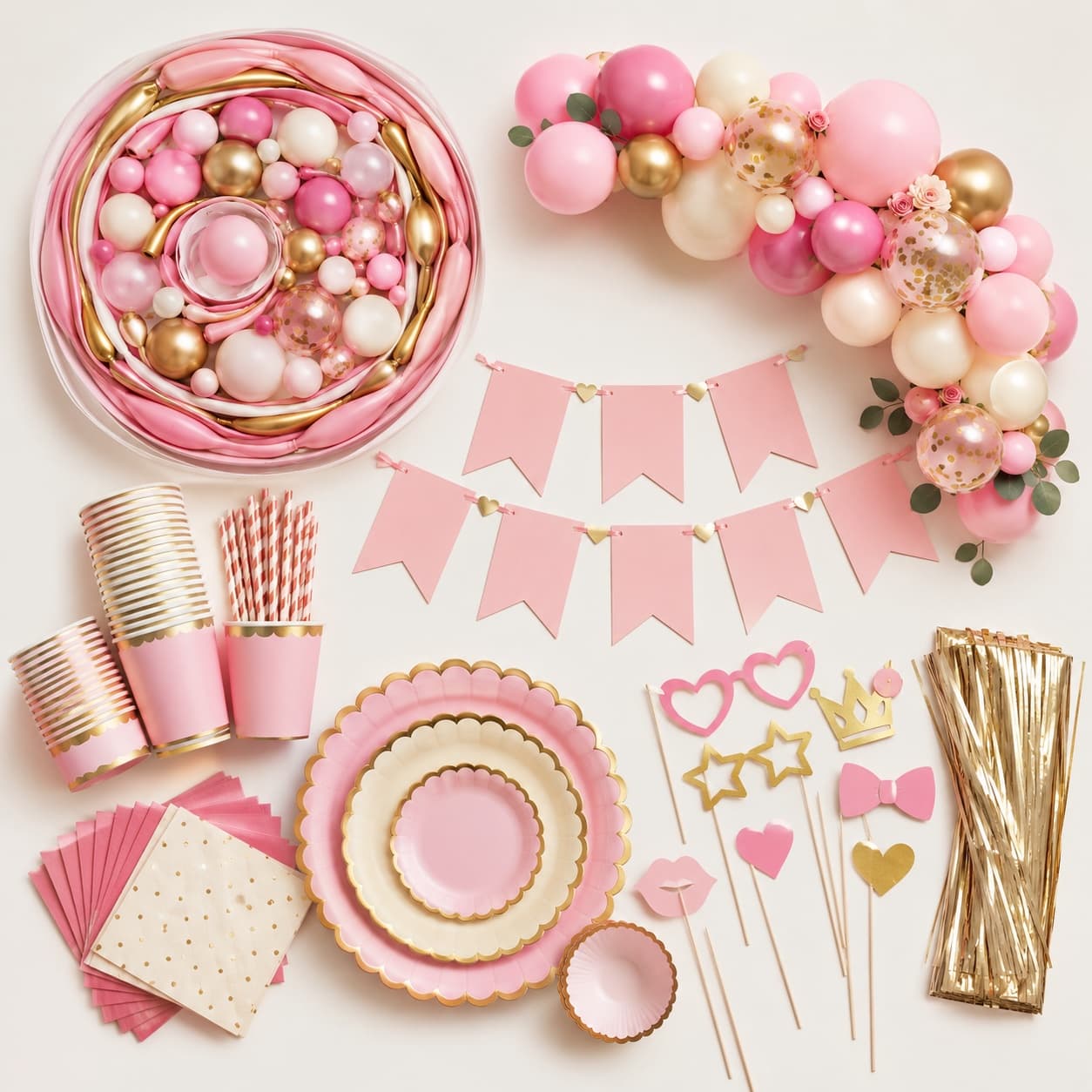 Birthday-in-a-Box — One box, one birthday: a garland kit, script banner, tableware for sixteen and photo props.