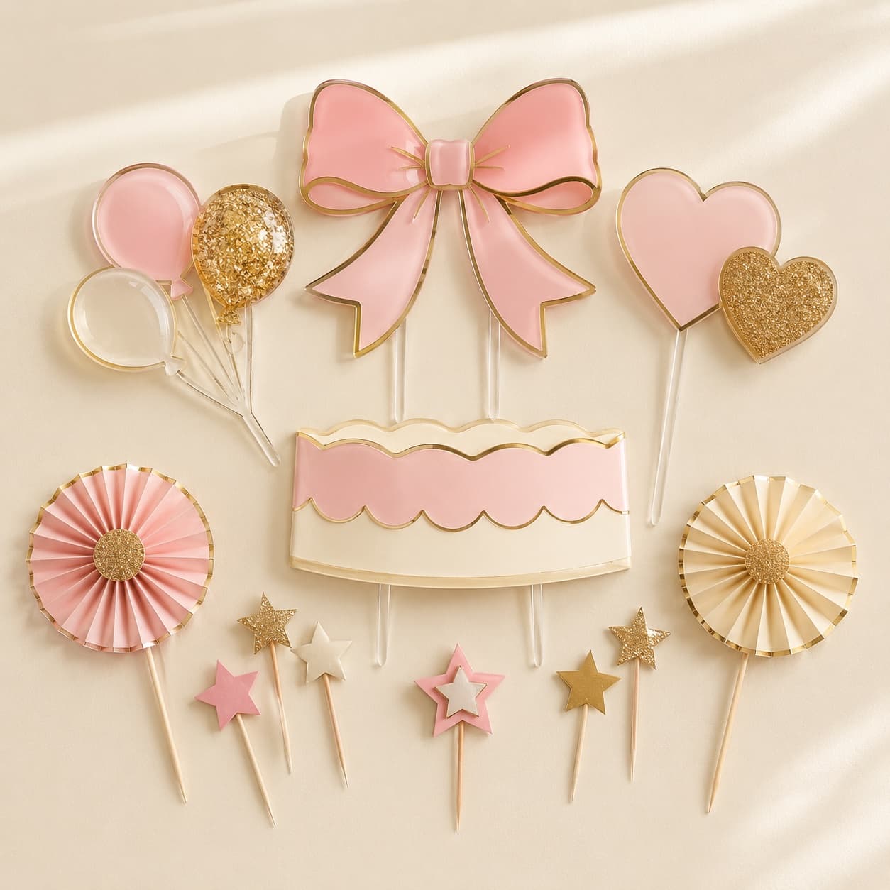 Cake Topper Set (No Candles) — Acrylic and paper toppers that finish a cake without a single flame — a candle-free celebration.