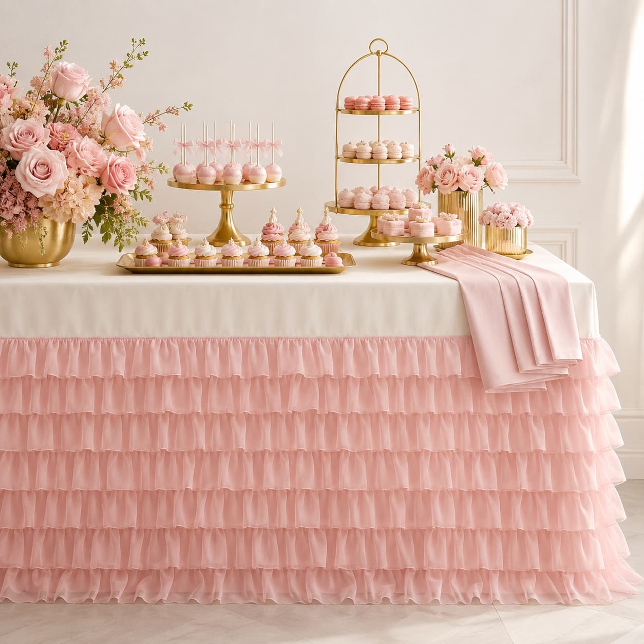 Dessert Table Skirt & Runner — A ruffled skirt and matching runner to give the dessert table a finished, styled edge.