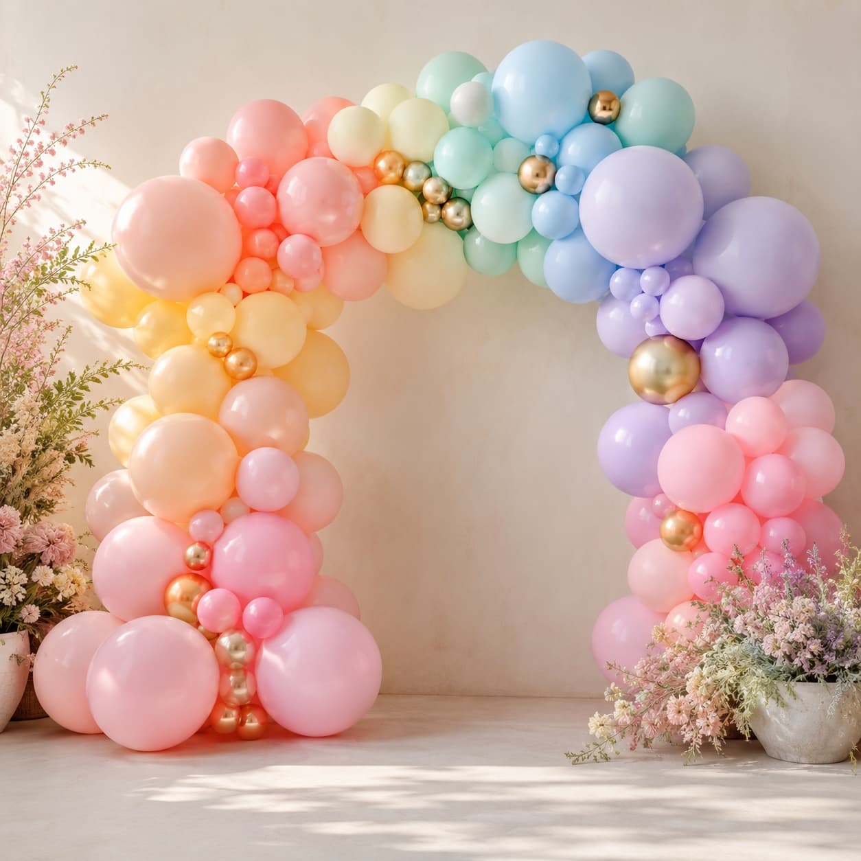 Balloon Garland Kit — Pastel Rainbow — 120 soft-rainbow balloons pre-matched into a flowing pastel garland for kids' and milestone parties.