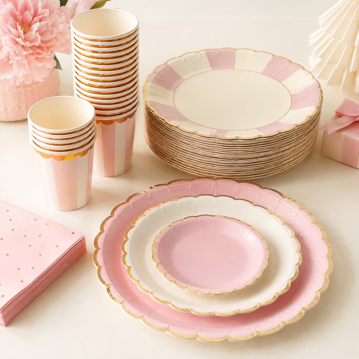 Party Paper Plate & Cup Set for 16 — Coordinated paper plates and cups for sixteen guests in a versatile blush-and-gold palette.