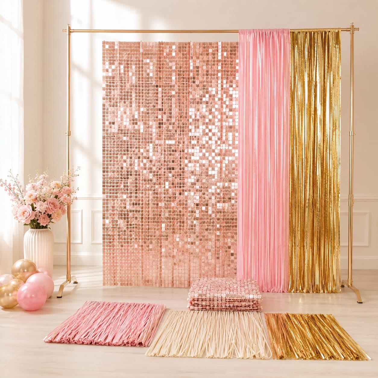 Photo Corner Pro Kit — Everything to build the photo corner in one go: stand, sequin panel, fringe and foil curtains.