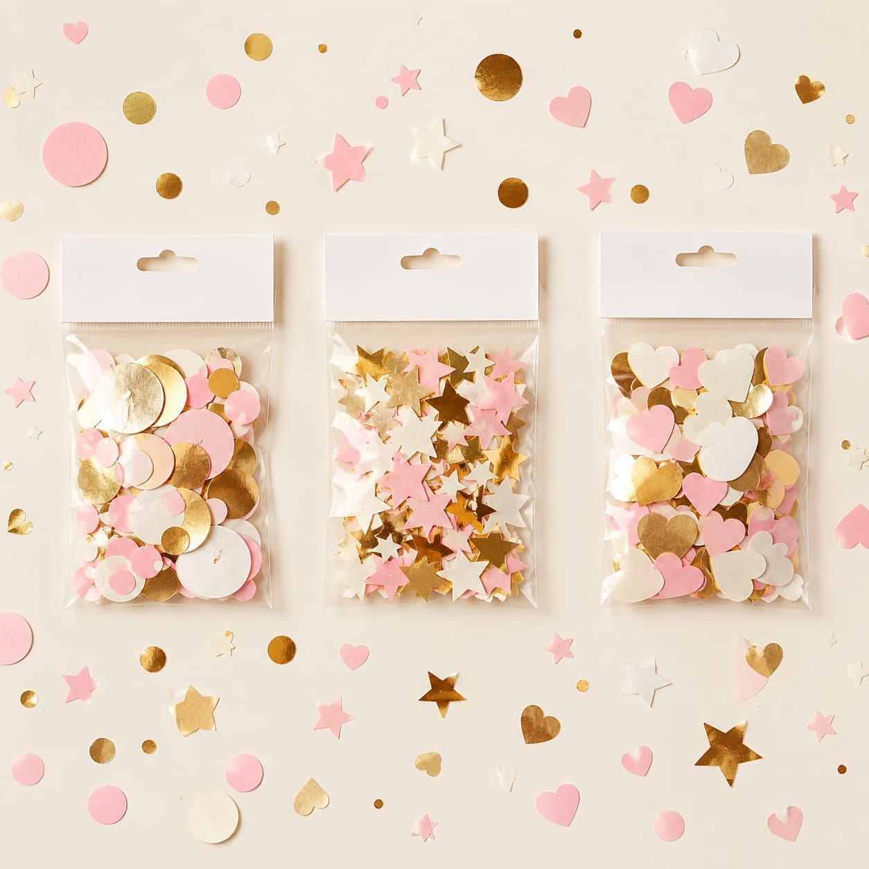 Table Scatter Confetti Trio — Three packs of paper table confetti to scatter down the runner — best used indoors and cleared up after.