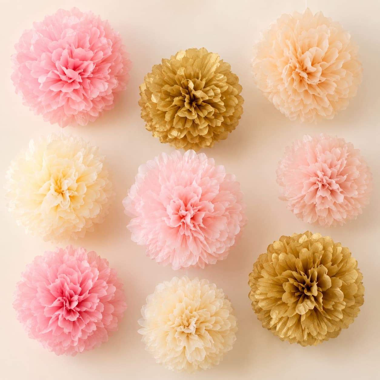 Tissue Pom Pom 10-Pack — Ten fluff-and-hang tissue pom poms for walls, ceilings and the backdrop.